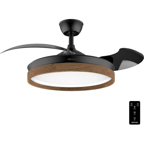 Cecotec Ventilador de Techo con Luz Energysilence Aero 4320 Invisible Wood&Black. 35W, 6 Velocidades, Aspas Retráctiles