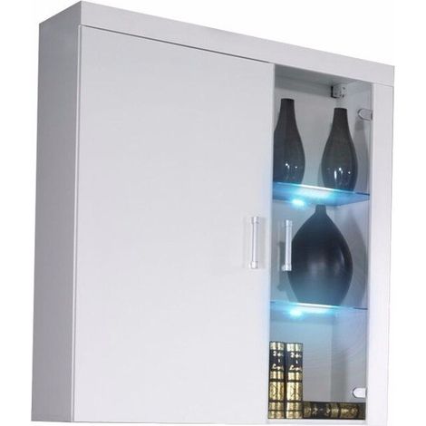 Armario de pared Odebeli 101, Blanco + Blanco brillante, 111x90cm, Número de puertas: 235cm, Aglomerado laminado, Vidrio, MDF, LED