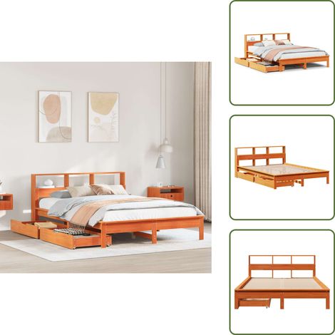 Lit bibliothèque sans matelas cire marron 120x200 cm pin massif - Lit Bibliothèque - Lits Bibliothèques - Meuble De Chambre À Coucher - Lit (1/5)