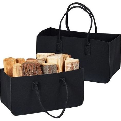 Lot de 2 sacs en feutre noir pour provisions, bûches de cheminée, panier à journaux Sac de Rangement, pour Bois de Chauffage, 28 litres, avec poignées, Noir