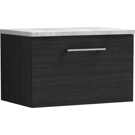 Nuie Arno Wall Hung 1-Drawer Vanity Unit with Bellato Grey Worktop 600mm Wide - Black Woodgrain (1/5)