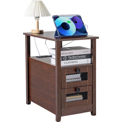 Table d'appoint de ferme à 4 niveaux, table de chevet étroite avec ports et prises USB, table d'appoint avec armoire de rangement et 2 tiroirs, idéal pour le salon, la chambre, le bureau, marron (1/5)