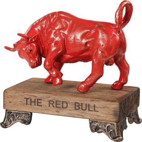 Statuetta decorativa in ghisa raffigurante un toro rosso su una base di legno. (1/5)