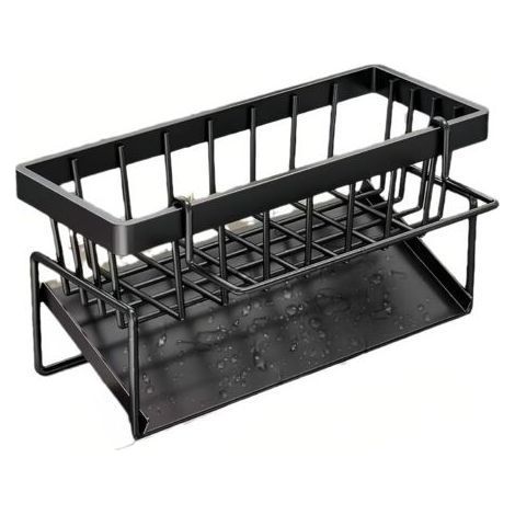Organisateur d'évier en acier au carbone, porte-savon autonettoyant, porte-éponge avec barre porte-serviettes amovible pour plan de travail, noir (1/5)