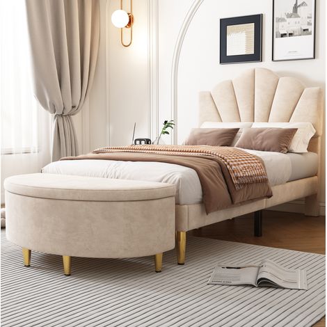 CHICFURN Letto imbottito 90x200 cm in velluto beige con panca contenitore, testiera regolabile (1/5)