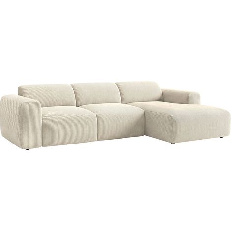 Grand canapé d'angle droit avec assise coulissante électrique en velours côtelé beige POGNI de Maison Céphy (1/3)