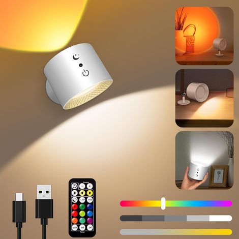 Applique Murale Intérieure Led à Piles Avec Télécommande 9 Couleurs RGB Rotatifs 360° Lampe Blanc (1/5)