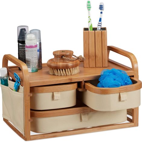 Commode Mini Bambou, 3 Casiers, Petite Étagère Sdb, Tissu, Organiseur Cosmétiques, Rustique 19X34X23 cm, Nature (1/5)