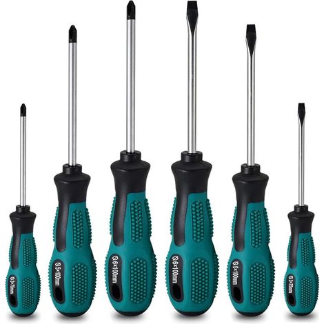 Set mit 6 robusten magnetischen Schraubendrehern aus Chrom-Vanadium-Stahl mit 3 Schlitz- und 3 Kreuzschlitzköpfen (1/5)