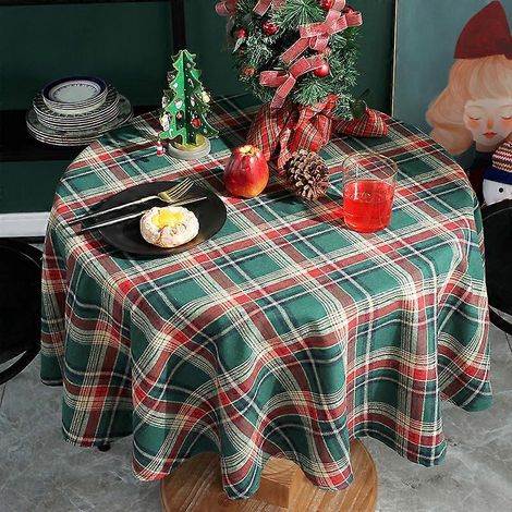 Nappe de table ronde de style classique, idéale pour les fêtes de fin d'année, les réceptions et les dîners. Couleurs : vert, rouge et blanc. Diamètre : 100 cm. (1/5)
