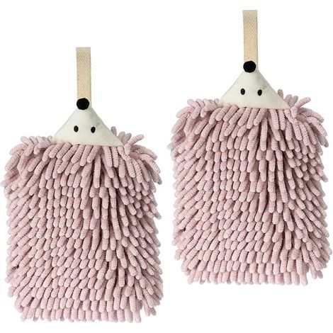 Paquet de 2 essuie-mains en chenille animal mignon, essuie-mains boule pelucheuse avec boucle, essuie-mains suspendus pour salle de bain, cuisine (rose) (1/4)