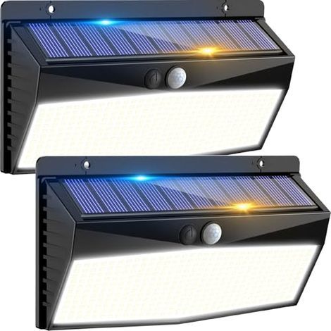 [JAMAIS UTILISÉ] Lot de 2 lampes solaires d'extérieur à 368 LED avec détecteur de mouvement, 3 modes d'éclairage, étanches IP65, lumière blanc chaud. (1/5)