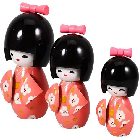 Lot de 3 Poupées Kimono Japonaises en Bois, Décoration Traditionnelle Japonaise, Figurines Artisanales de Style Kokeshi, Ornement Floral Rose, Décoration Intérieure et (1/5)
