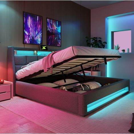 Letto contenitore 140x200 con materasso, USB, LED, rete a doghe, tessuto lino grigio DESVIAE (1/5)