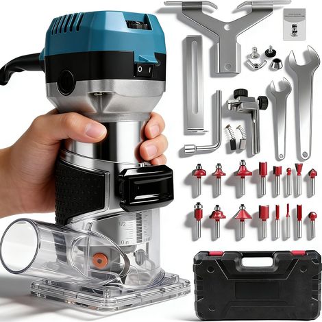 Electric Wood Router, 1000W 30000RPM Wood Router Milling Machine with 6 Variable Speed, Wood Flush Router Cutter with 15pcs 1/4" Pliers Bits (1/5)