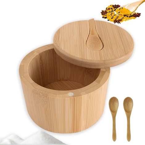 Boîte à sel avec couvercle magnétique et 3 petites cuillères en bois, rangement pour sel et épices (1/5)