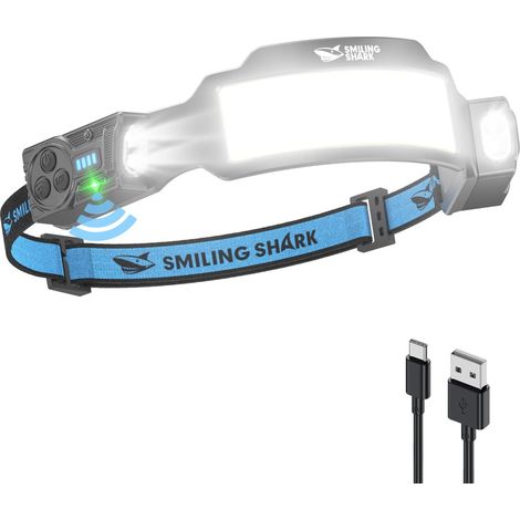Smiling Shark TS-6 Lampe Frontale, LED Head Lamp Rechargeable 2400mAh 2x Projecteur Orientable & Flood & Strobe Headlamp avec Capteur de Mouvement pour Camping, Jogging, Randonnée, Course (1 PACK) (1/5)