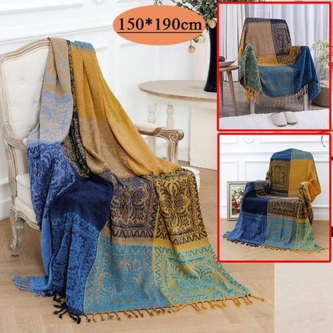 Chenille Jacquard Tassels Jeter Couverture Canapé Chaise Nappe - Motif Tribal Coloré -150x190cm (1/4)