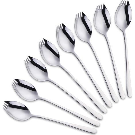 Cuillère Fourchette Couteau 3 en 1 Couteau Camping Couverts,de Plein air Voyage Inoxydable, Robuste, léger – Lot de 8 (Argent)