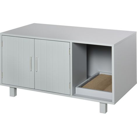 PawHut Wooden Cat Litter Box Enclosure & House with Nightstand/End Table Design, Scratcher, & Magnetic Doors, Grey