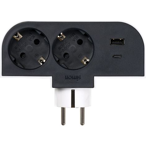 Drehbarer Schuko-Adapter 2 Steckdosen + USB A+C 30 W 16 A 250 V