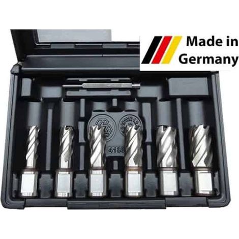 Jeu de 6 fraises HSS-Co Ø 12-22mm – Éjecteur pour profondeur de coupe 30mm – Pour acier et inox – Attachement Weldon 19mm – Jepson