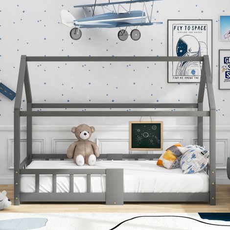 LIBERTÉ Lit cabane en bois pour chambre d'enfants 90 x 200 cm, en bois de pin, gris (sans matelas) (1/5)
