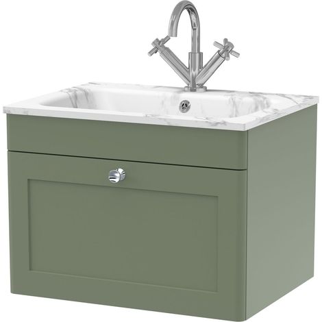 Swynnerton Traditional 1 Drawer Wall Hung Vanity Unit with Stone Basin, Satin Green, 600mm