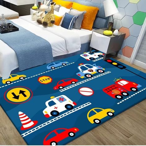 Tapis pour chambre d'enfant, tapis de jeu amusant sur le thème du parking, tapis sur le thème de la vie urbaine ferroviaire, tapis pour enfants lavable et antidérapant - 80x120CM (velours cristal)