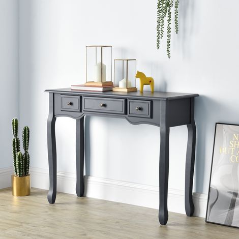 [En.Casa] – Table console vintage 3 tiroirs 78 x 100 x 35 cm – MDF et pin – Couleur gris foncé – Rangement pratique pour bureau et salon (1/5)