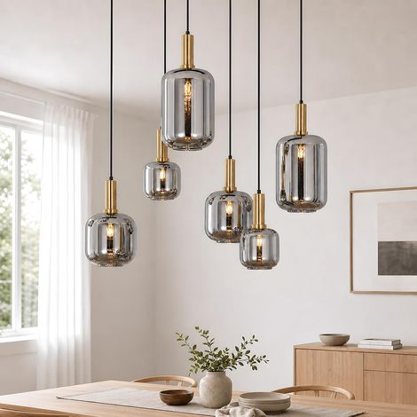 ZMH Suspension Vintage 6 Lumières E27, Verre, Hauteur Réglable 96,6 cm, pour Salle à Manger et Salon (1/5)
