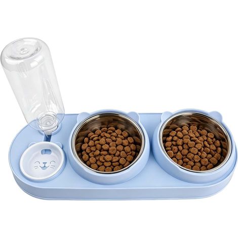 Raised Cat Bowl 15° Double Bowl with Automatic Water Dispenser 500 ml – Set for Cats and Small Dogs Non-Slip Anti-Vomiting – Neck Protection (Blue) (1/5)