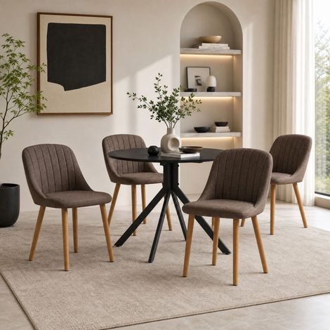 Geourvant 5-Piece Dining Table Sets with Round Black Oak Veneer Dining Table and 4 Chairs - Mocha Brown Textured Fabric Dining Chairs