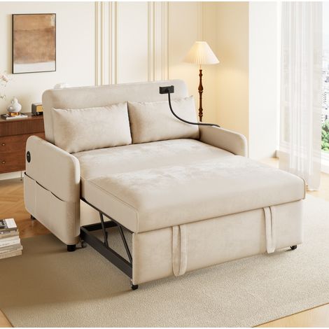 Divano letto 2 posti con schienale regolabile, porte USB, porta telefono, beige DESVIAE (1/5)