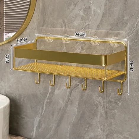 (Modèle 34 cm - 5 crochets) Étagère de rangement dorée pour salle de bain, support mural trépied pour shampoing et gel douche, accessoires de salle de bain (1/5)