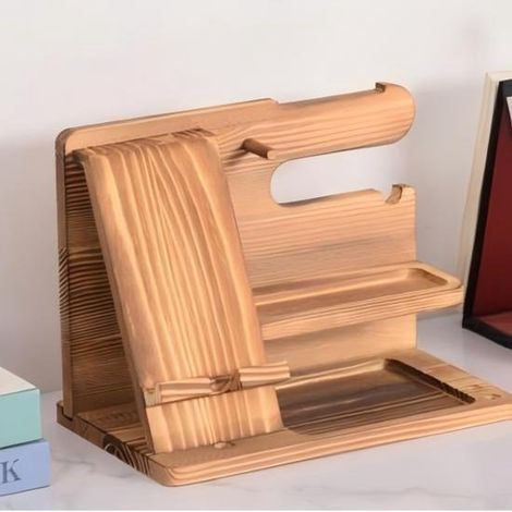Support de téléphone de bureau en bois – Organiseur de bureau multifonctionnel pour téléphone, montre, lunettes et clés, couleur bois (1/4)