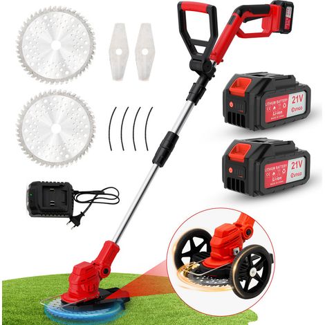OUTIGO Akku-Freischneider, Akku-Rasenmäher, betrieben mit 2 x 21 V - 4 Ah Akkus, mit klappbarem Teleskopstiel und Rädern, geeignet zum Trimmen von Gartenrasenflächen.