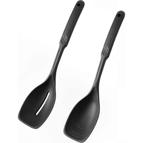 Ensemble de 2 cuillères de cuisine en silicone, comprenant une cuillère ajourée et une cuillère pleine. Ustensiles de cuisine antiadhésifs et résistants à la chaleur, avec trou de suspension. (1/5)