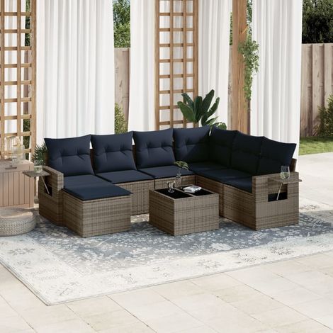 Salon de jardin 8 pièces en résine tressée PE gris avec coussins bleu marine, 63kg - PANGIVO (1/5)