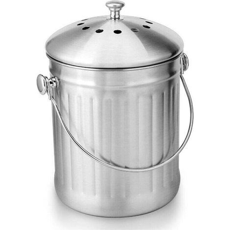 Seau à compost en acier inoxydable 5 litres – Filtre à charbon actif double couche – Couvercle dôme – Poignée souple pour transport (1/4)