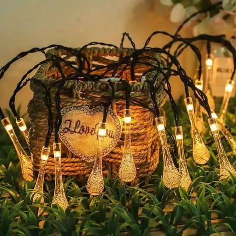 Lampe guirlande solaire extérieure goutte d'eau lumière blanc chaud 5m 20 LED décoration jardin
