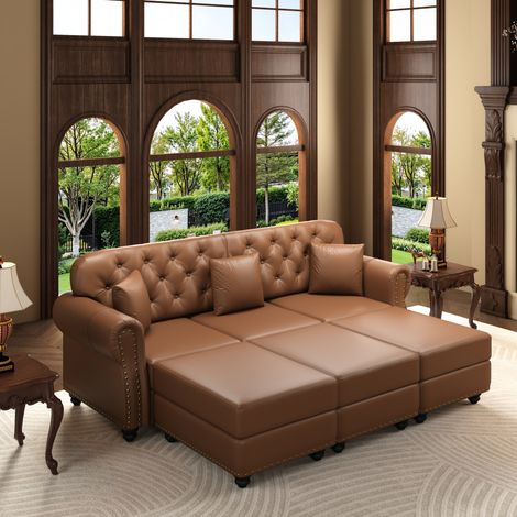 Canapé Chesterfield 3 places 210 cm en similicuir avec 3 poufs mobiles, marron OKMYHOME (1/5)