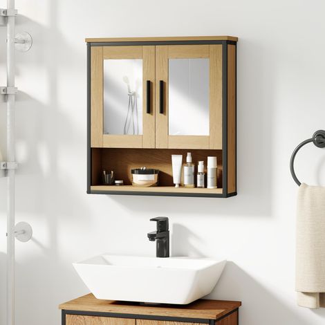Armoire Murale Salle de Bain avec Miroir Chêne Étagère Réglable (1/5)