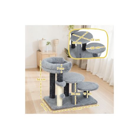 Arbre à chat gris avec base large, revêtement en peluche et poteau à griffer en sisal pour salon, chambre et coin repos (1/5)