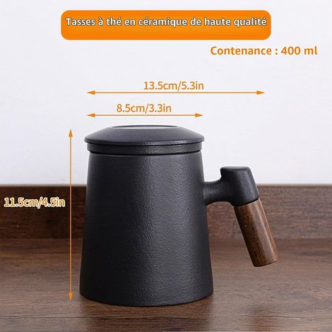 Tasse à Thé avec Couvercle et Passoire, Tasses à thé en Porcelaine Grande 400ml avec Infuseur et Poignée en Bois, Cup Céramique émaillée Mate Jumbo pour Cadeaux Thé ou Infuser Café,sans Plastique Noir (1/4)