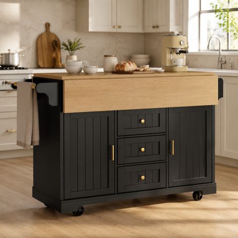Isla de cocina 120x40x95 cm, tablero abatible, gran capacidad de almacenaje, con ruedas, MDF y metal, negro (1/5)