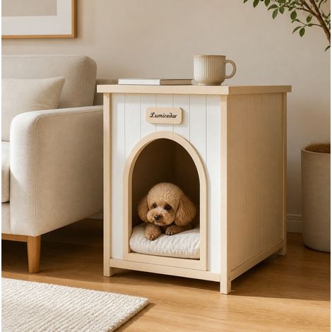Caseta para perro de madera con mesa auxiliar, 53 x 51,6 x 60 cm, blanco crema HAVRYA (1/5)