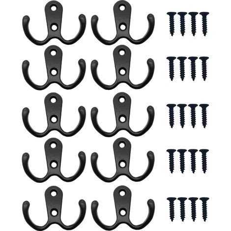 Lot de 10 crochets muraux noirs pour manteaux, crochets doubles avec vis. (1/5)