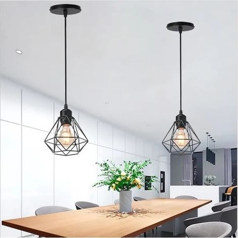Lot de 2 Lustre Suspension Industrielle - E27 Lampe - Cage - Métal Noir (1/4)