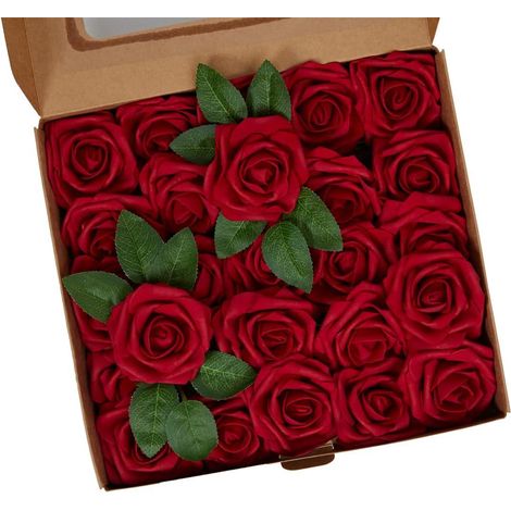 Lot de 25 roses artificielles réalistes avec tige pour bouquets de mariage, centres de table, mariée, décoration intérieure (Bordeaux, 25 pièces) (1/5)